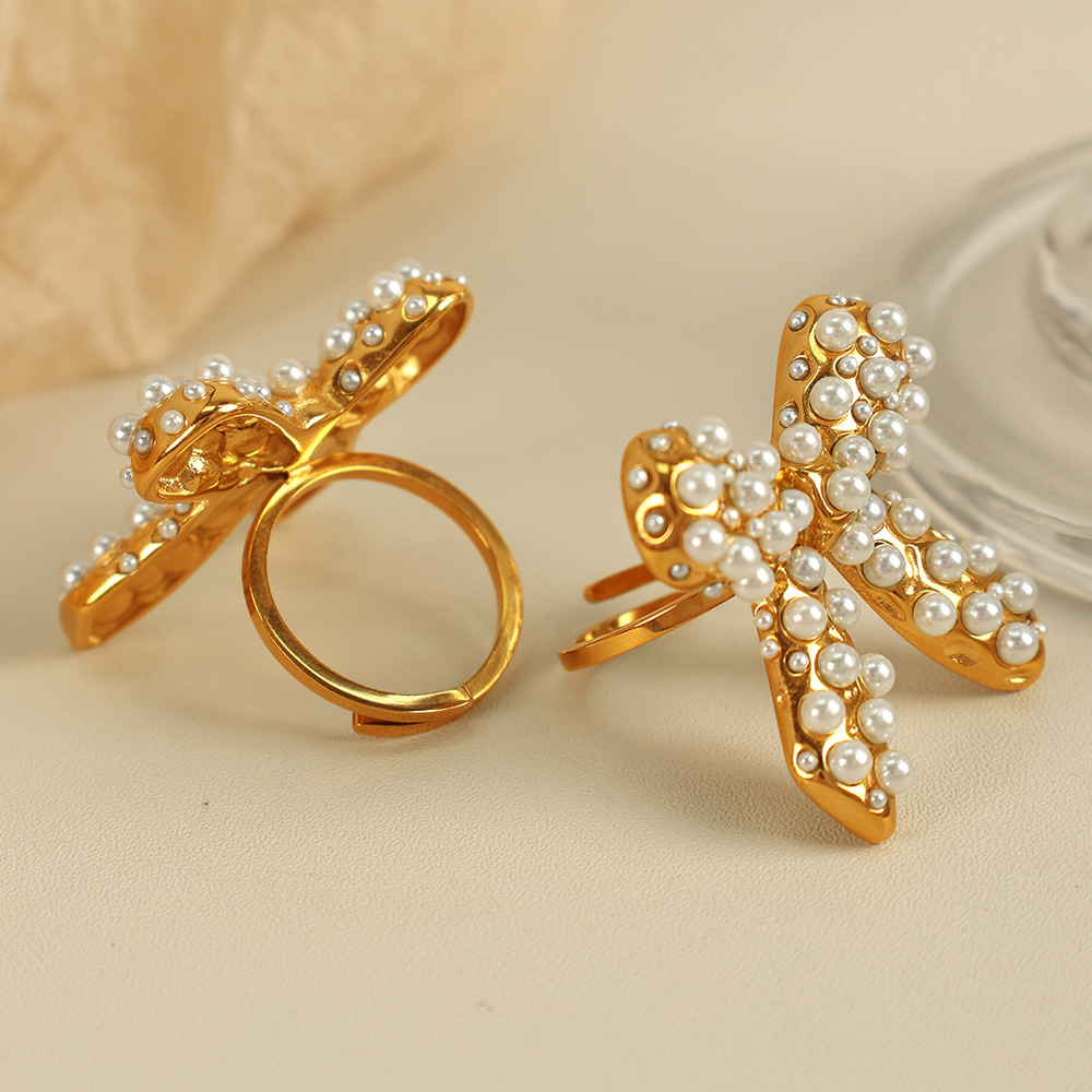 Gold color / One size / 1 Pair Simple Series Retro Bow Knot Stainless Steel  Gold Color Artificial pearl Women's Adjustable Rings 